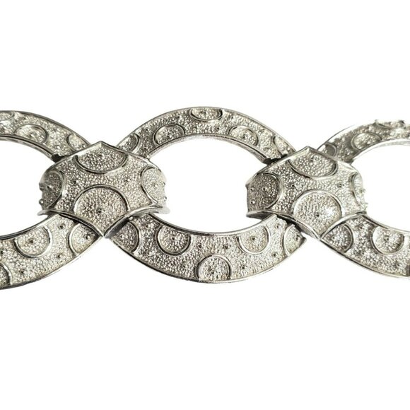 Crown Trifari Bracelet Silver Tone Circles Oval Textured Chunky Wide Links VTG - Picture 10 of 11